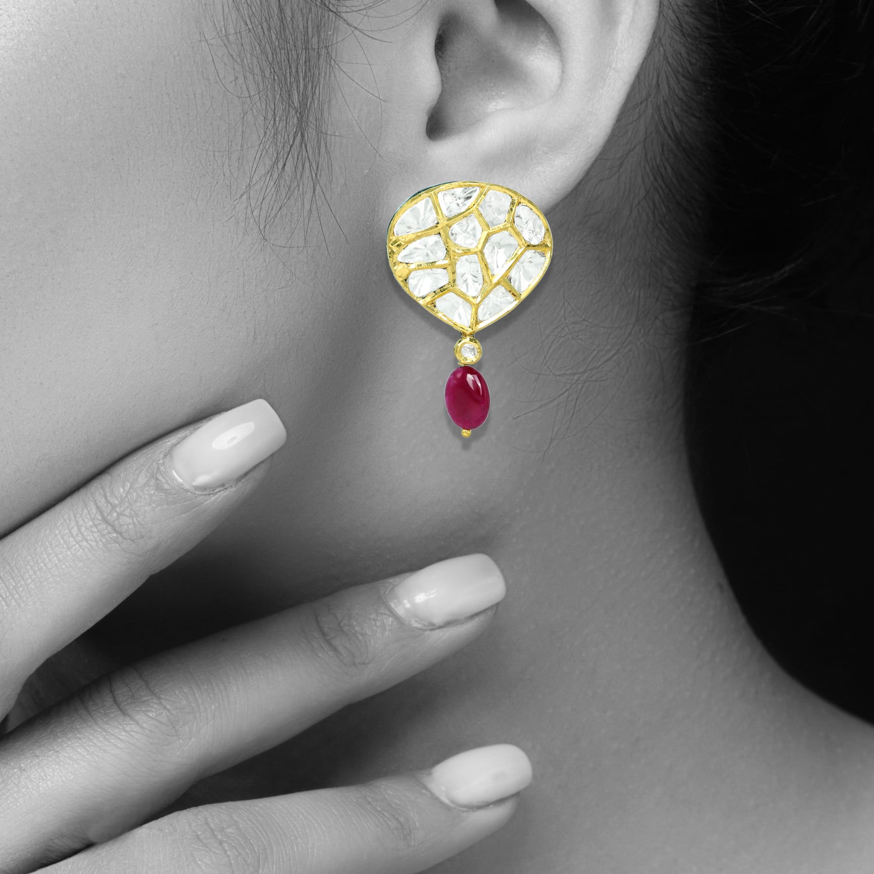Pear-Shaped Polki Earrings with Ruby Maniya Drop
